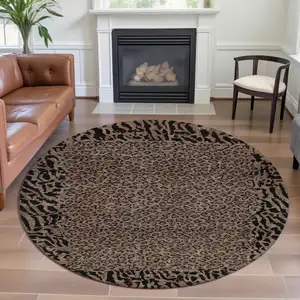 Photo of 8' X 8' Brown And Black Animal Print Washable Round Rug With UV Protection