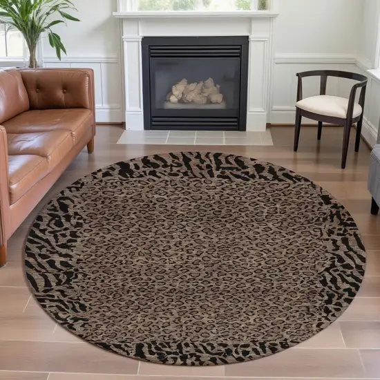 8' X 8' Brown And Black Animal Print Washable Round Rug With UV Protection Photo 4