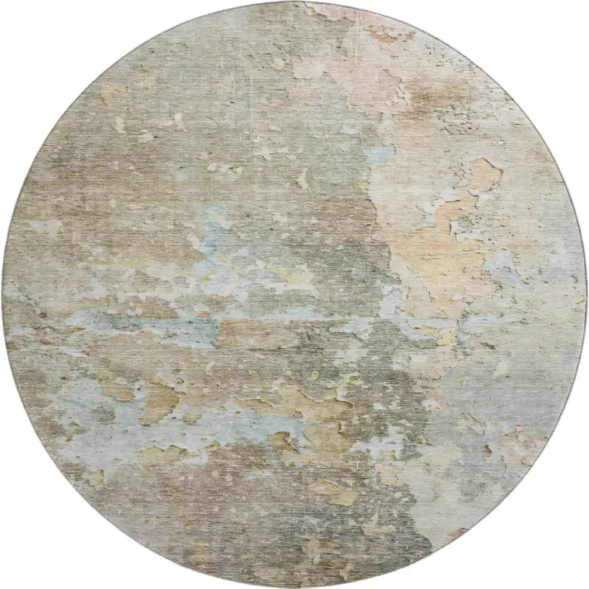 8' X 8' Brown Beige And Blue Abstract Washable Round Rug With UV Protection Photo 1