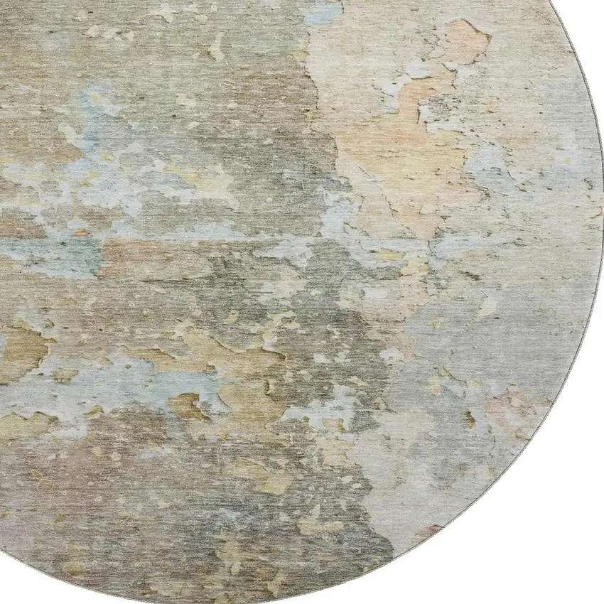 8' X 8' Brown Beige And Blue Abstract Washable Round Rug With UV Protection Photo 2