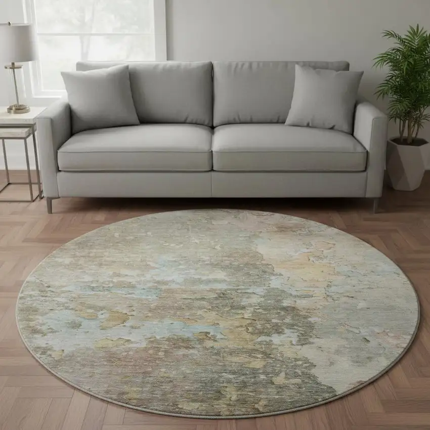 8' X 8' Brown Beige And Blue Abstract Washable Round Rug With UV Protection Photo 2