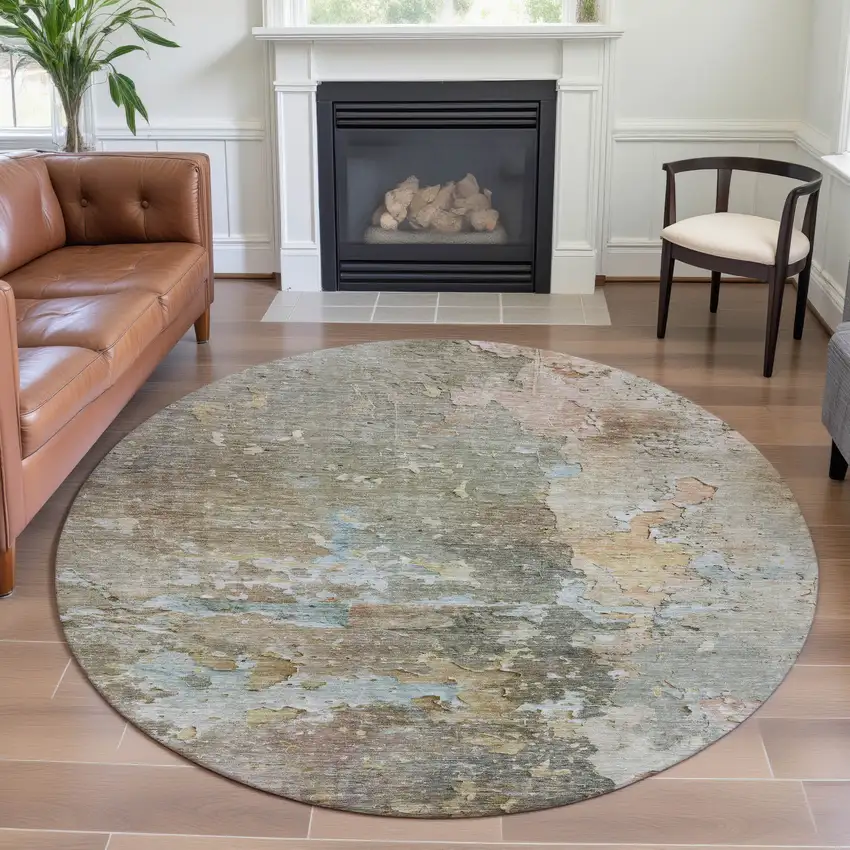8' X 8' Brown Beige And Blue Abstract Washable Round Rug With UV Protection Photo 4