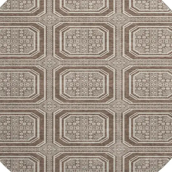8' X 8' Brown Beige And Taupe Geometric Washable Round Rug With UV Protection Photo 2