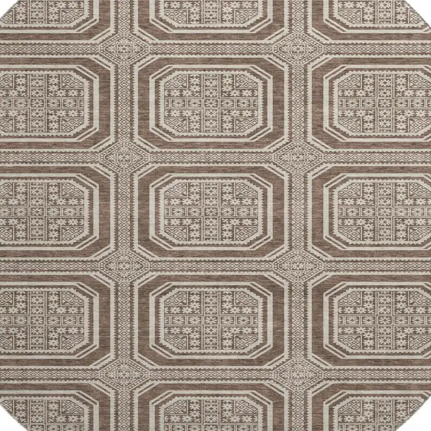 8' X 8' Brown Beige And Taupe Geometric Washable Round Rug With UV Protection Photo 2