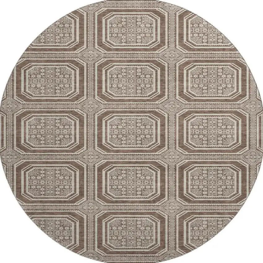 8' X 8' Brown Beige And Taupe Geometric Washable Round Rug With UV Protection Photo 3