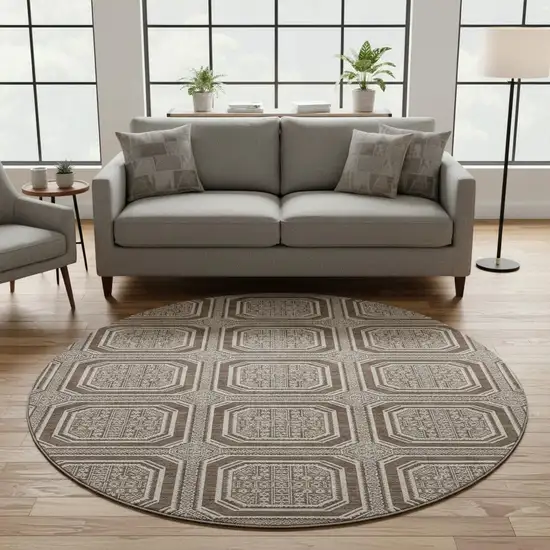 8' X 8' Brown Beige And Taupe Geometric Washable Round Rug With UV Protection Photo 2