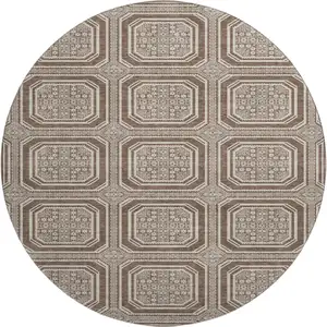 Photo of 8' X 8' Brown Beige And Taupe Geometric Washable Round Rug With UV Protection
