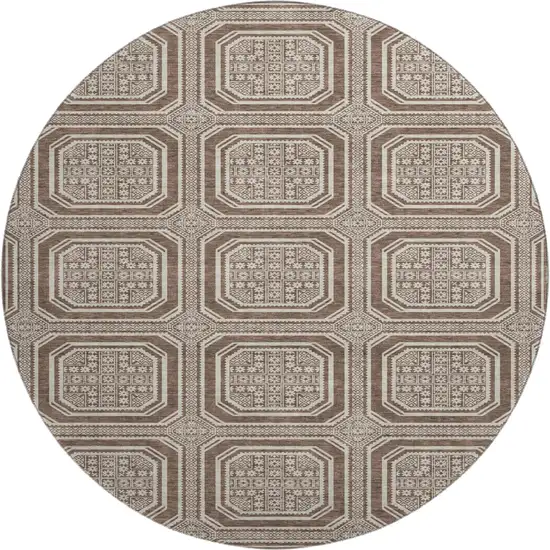 8' X 8' Brown Beige And Taupe Geometric Washable Round Rug With UV Protection Photo 1