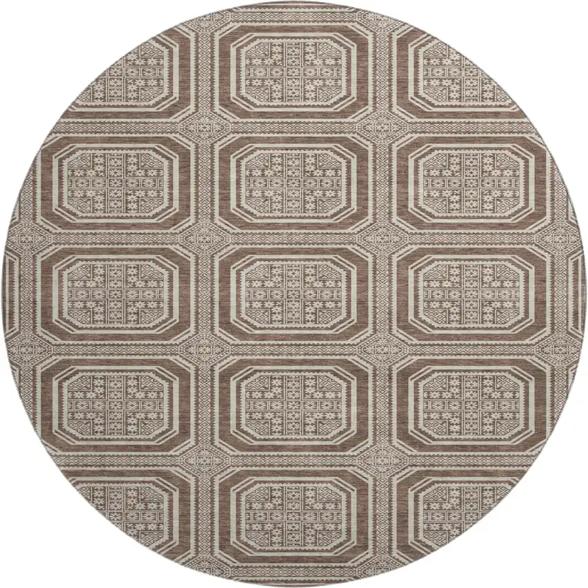8' X 8' Brown Beige And Taupe Geometric Washable Round Rug With UV Protection Photo 1