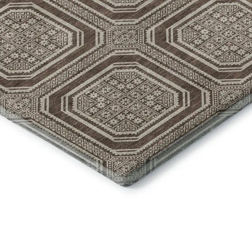 8' X 8' Brown Beige And Taupe Geometric Washable Round Rug With UV Protection Photo 6