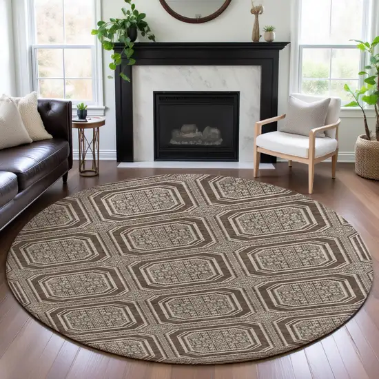 8' X 8' Brown Beige And Taupe Geometric Washable Round Rug With UV Protection Photo 4