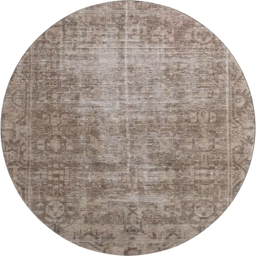 8' X 8' Brown Beige And Taupe Oriental Washable Round Rug With UV Protection Photo 1