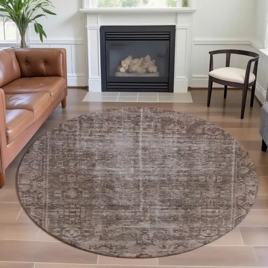 8' X 8' Brown Beige And Taupe Oriental Washable Round Rug With UV Protection Photo 4