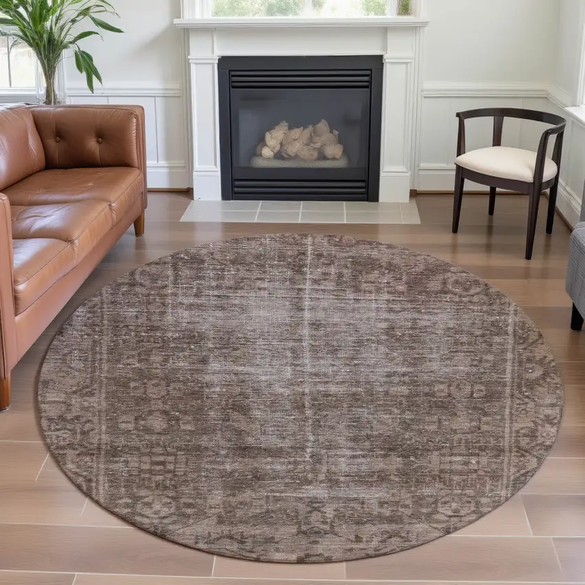8' X 8' Brown Beige And Taupe Oriental Washable Round Rug With UV Protection Photo 4