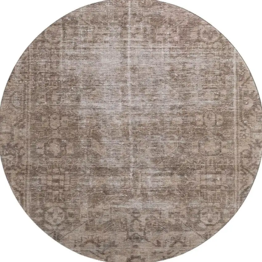 8' X 8' Brown Beige And Taupe Oriental Washable Round Rug With UV Protection Photo 3