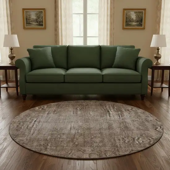 8' X 8' Brown Beige And Taupe Oriental Washable Round Rug With UV Protection Photo 2