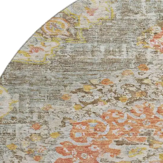 8' X 8' Brown Copper And Gold Floral Washable Round Rug With UV Protection Photo 2