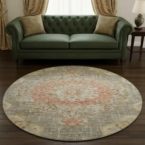 8' X 8' Brown Copper And Gold Floral Washable Round Rug With UV Protection Photo 2