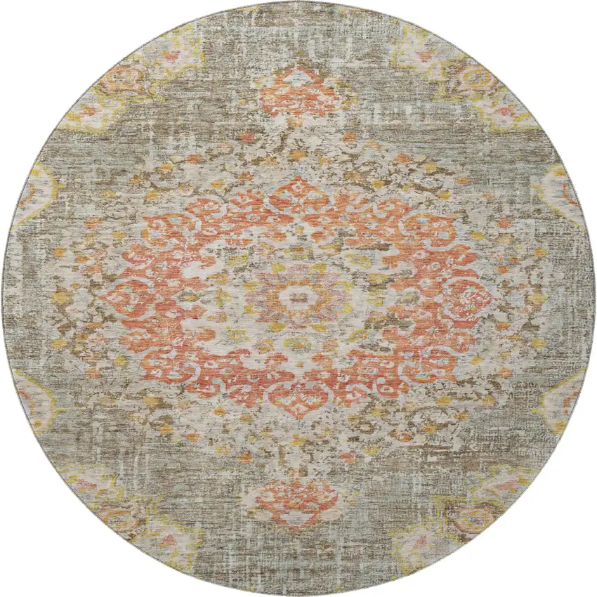 8' X 8' Brown Copper And Gold Floral Washable Round Rug With UV Protection Photo 3