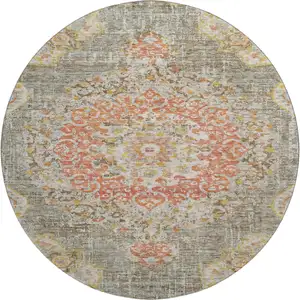 Photo of 8' X 8' Brown Copper And Gold Floral Washable Round Rug With UV Protection
