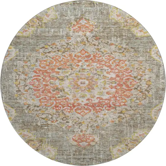 8' X 8' Brown Copper And Gold Floral Washable Round Rug With UV Protection Photo 1