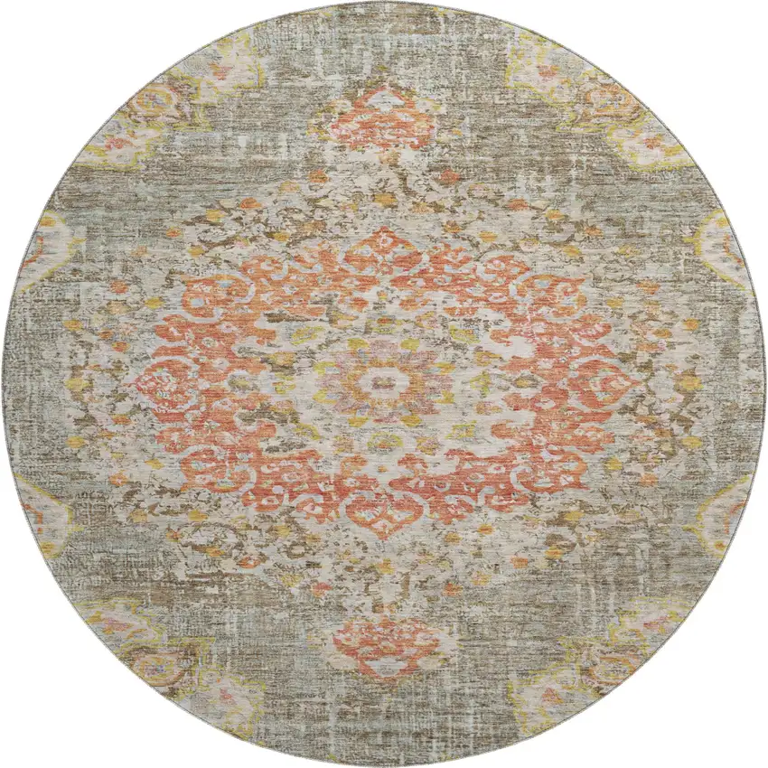 8' X 8' Brown Copper And Gold Floral Washable Round Rug With UV Protection Photo 1