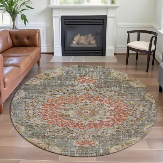 8' X 8' Brown Copper And Gold Floral Washable Round Rug With UV Protection Photo 4