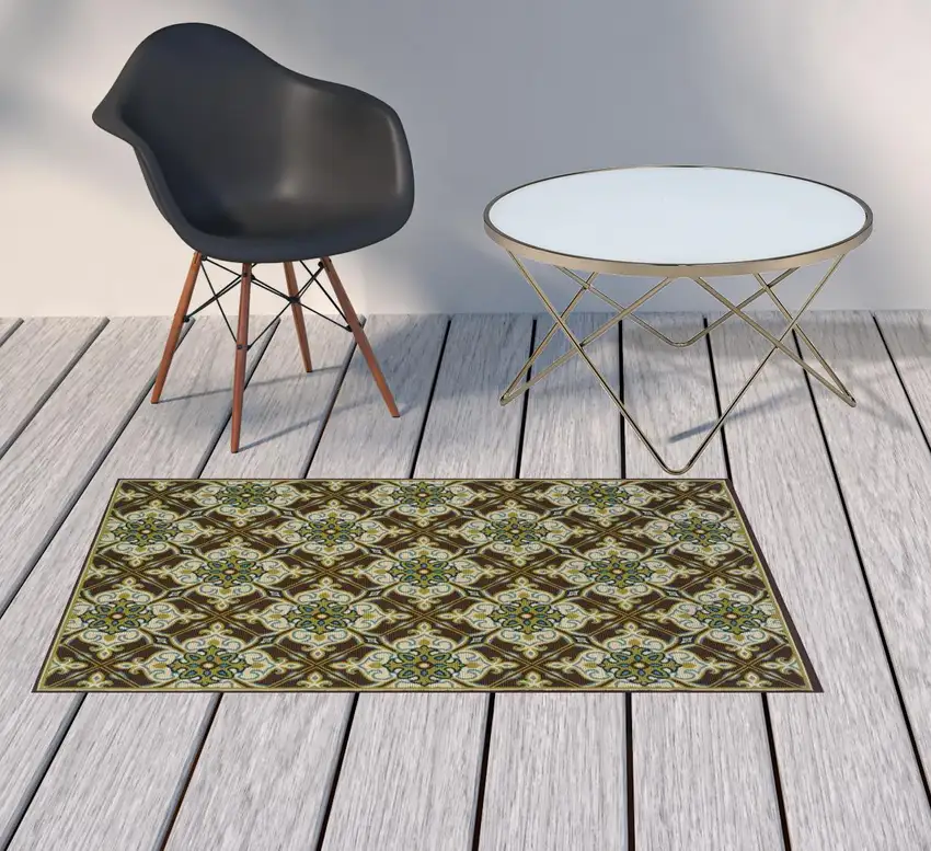 3' X 5' Brown Floral Stain Resistant Indoor Outdoor Area Rug Photo 2