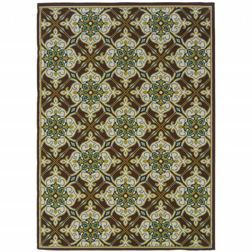 9' X 13' Brown Floral Stain Resistant Indoor Outdoor Area Rug Photo 1