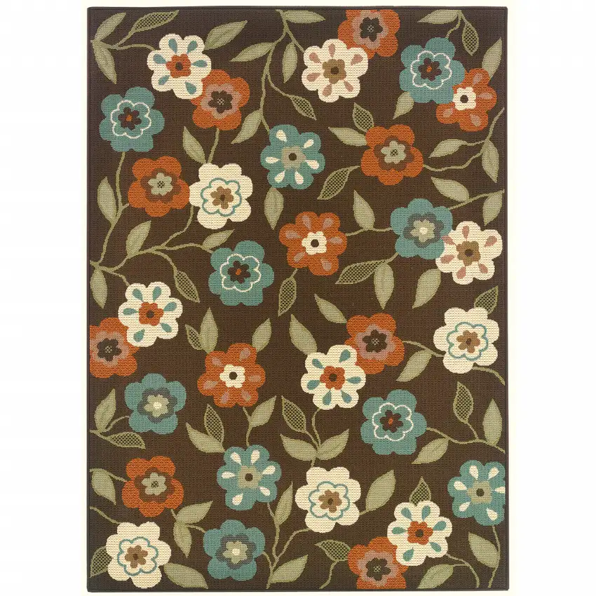 6' X 9' Brown Floral Stain Resistant Indoor Outdoor Area Rug Photo 1