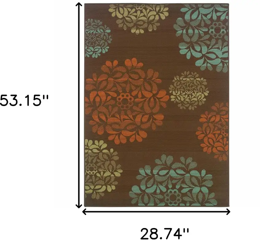 3' X 5' Brown Floral Stain Resistant Indoor Outdoor Area Rug Photo 6