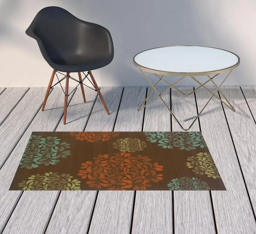 3' X 5' Brown Floral Stain Resistant Indoor Outdoor Area Rug Photo 2