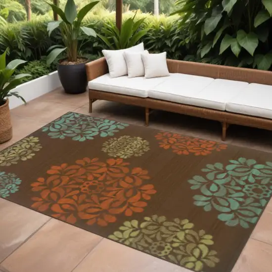 Brown Floral Stain Resistant Indoor Outdoor Area Rug Photo 1