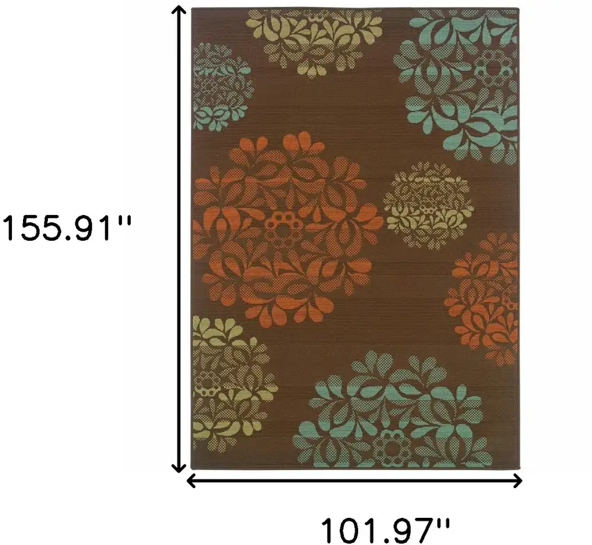 9' X 13' Brown Floral Stain Resistant Indoor Outdoor Area Rug Photo 6