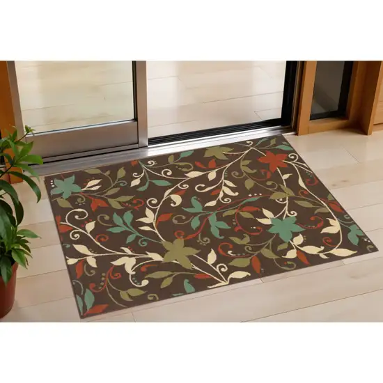 Brown Floral Stain Resistant Indoor Outdoor Area Rug Photo 1