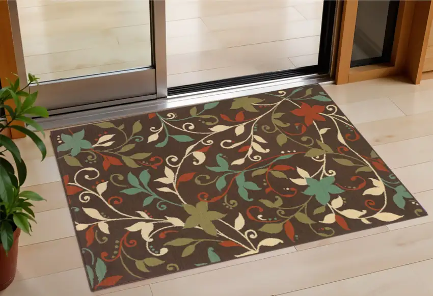 Brown Floral Stain Resistant Indoor Outdoor Area Rug Photo 1