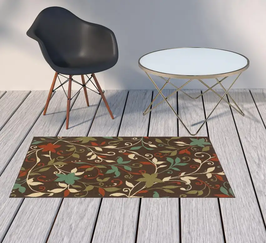 3' X 5' Brown Floral Stain Resistant Indoor Outdoor Area Rug Photo 2