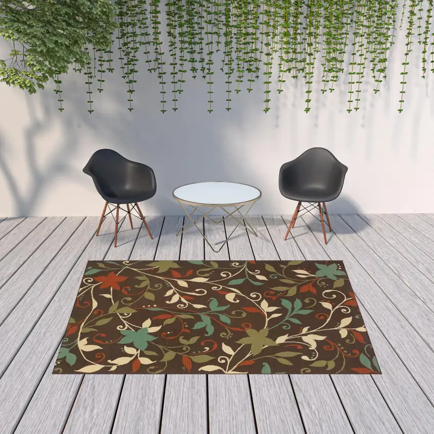 6' X 9' Brown Floral Stain Resistant Indoor Outdoor Area Rug Photo 2