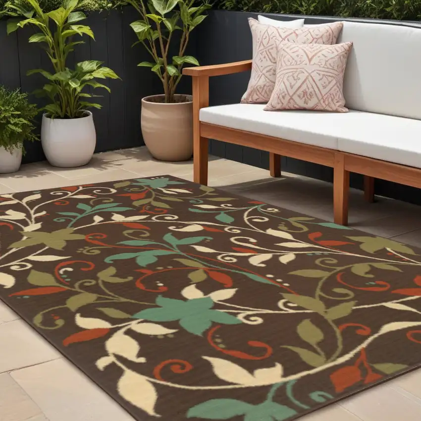 Brown Floral Stain Resistant Indoor Outdoor Area Rug Photo 1