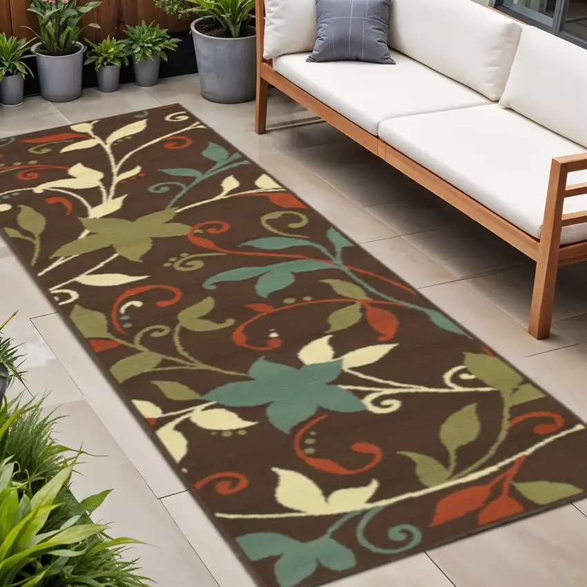 Brown Floral Stain Resistant Indoor Outdoor Runner Rug Photo 1