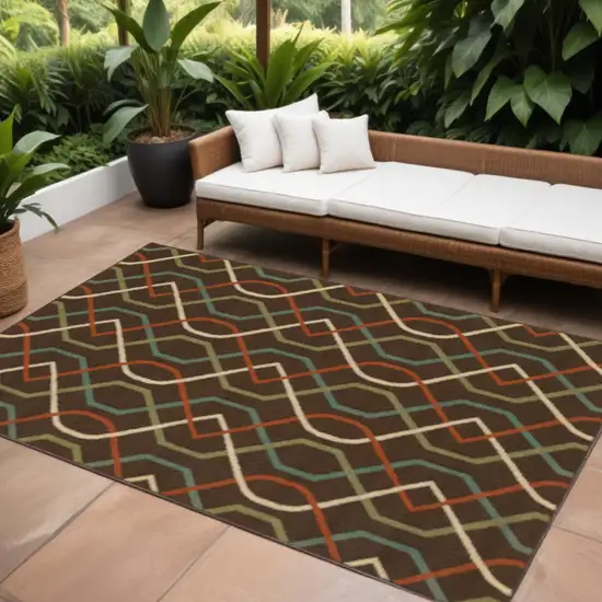 Brown and Ivory Geometric Stain Resistant Indoor Outdoor Area Rug Photo 1