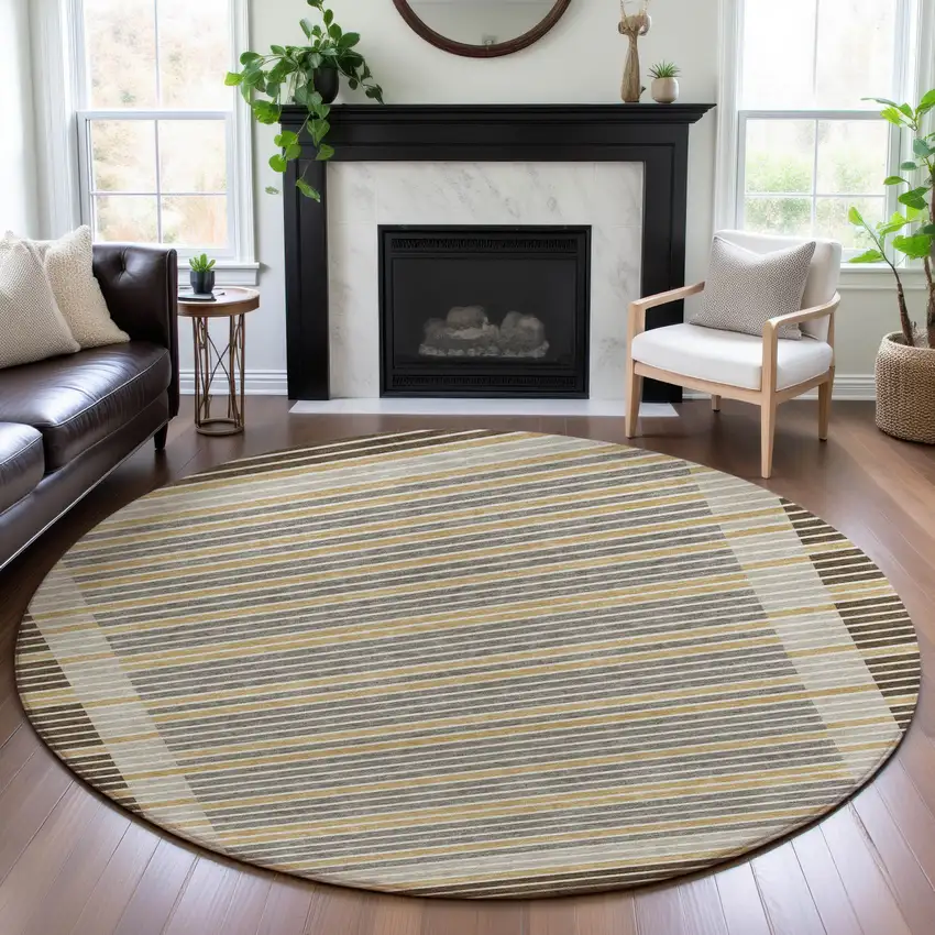 8' X 8' Brown Gold And Silver Striped Washable Round Rug With UV Protection Photo 4