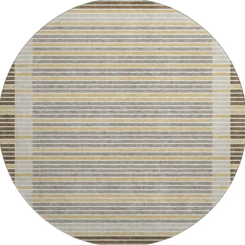 8' X 8' Brown Gold And Silver Striped Washable Round Rug With UV Protection Photo 3