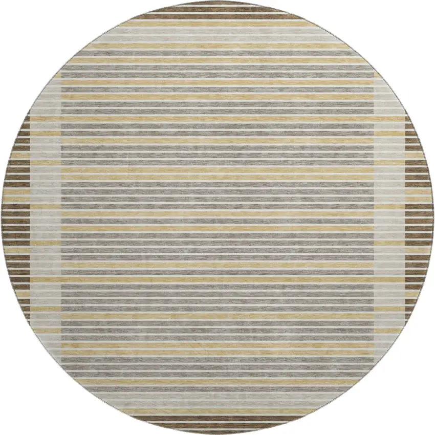 8' X 8' Brown Gold And Silver Striped Washable Round Rug With UV Protection Photo 1