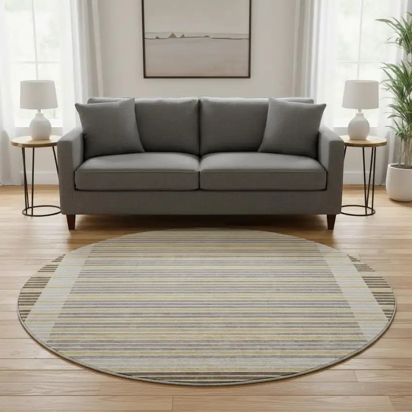 8' X 8' Brown Gold And Silver Striped Washable Round Rug With UV Protection Photo 2