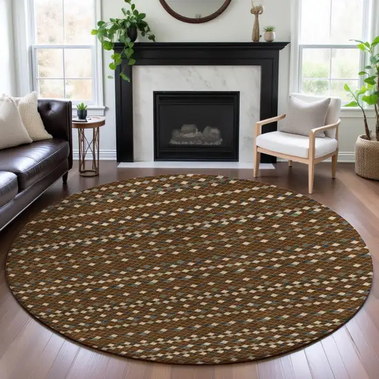 8' X 8' Brown Gray And Ivory Striped Washable Round Rug With UV Protection Photo 4