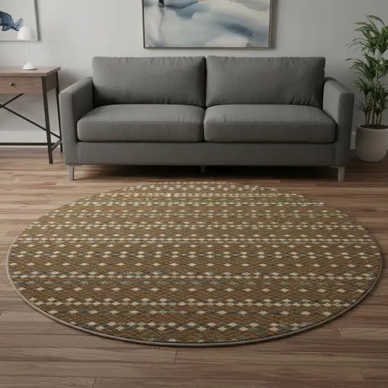 8' X 8' Brown Gray And Ivory Striped Washable Round Rug With UV Protection Photo 2