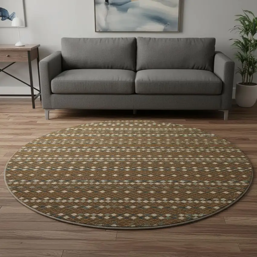 8' X 8' Brown Gray And Ivory Striped Washable Round Rug With UV Protection Photo 2