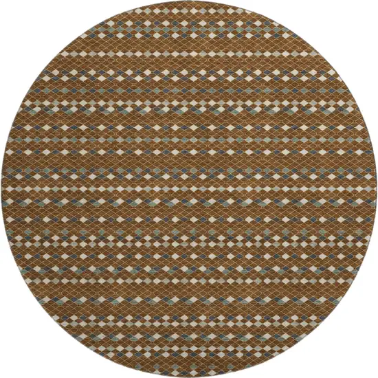 8' X 8' Brown Gray And Ivory Striped Washable Round Rug With UV Protection Photo 1