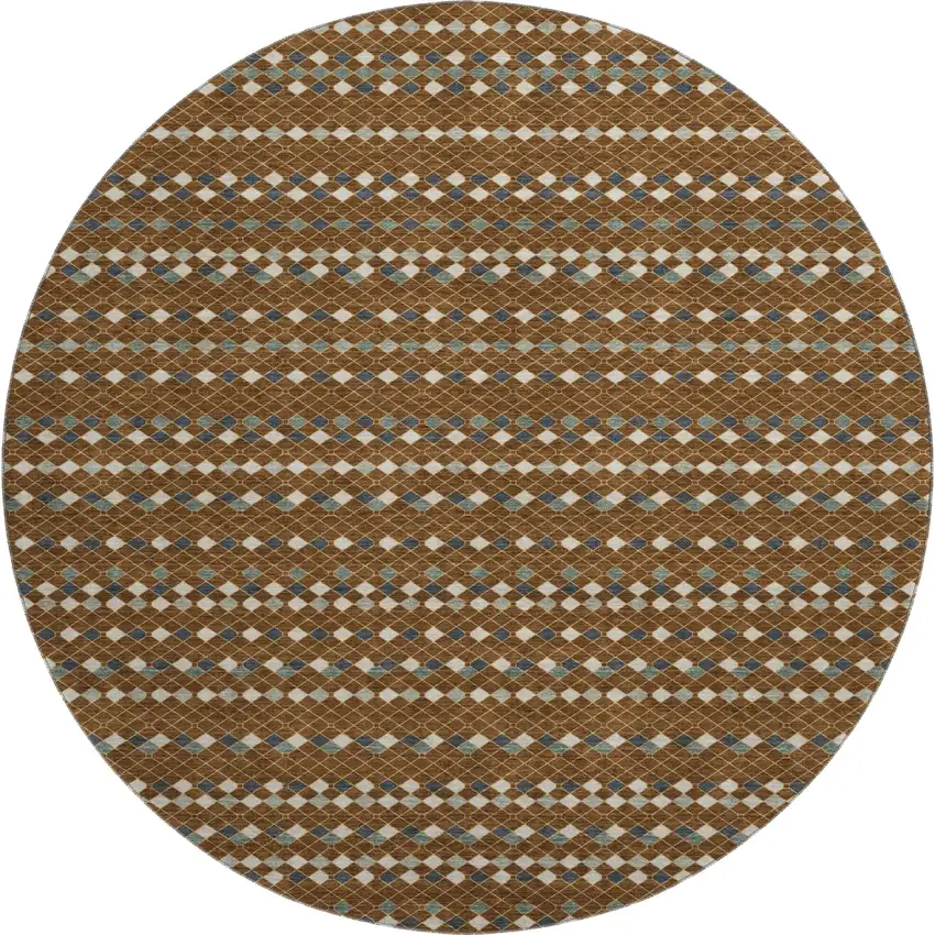 8' X 8' Brown Gray And Ivory Striped Washable Round Rug With UV Protection Photo 1